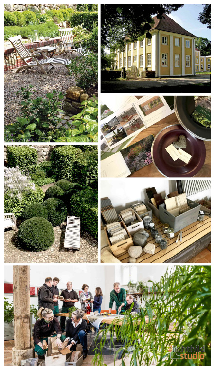 Collage Teamfoto, Mustergarten und Büro